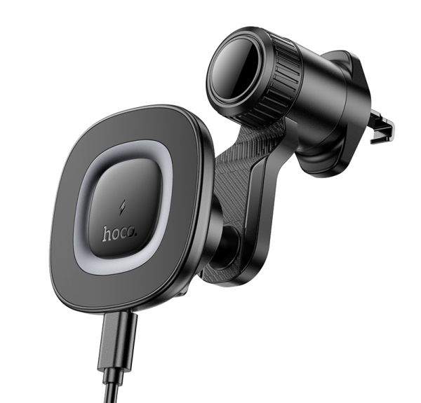 Автотримач для телефона з БЗП HOCO HW30 Crown magnetic wireless charging car holder (air outlet) Black Metal Gray (6942007646925)