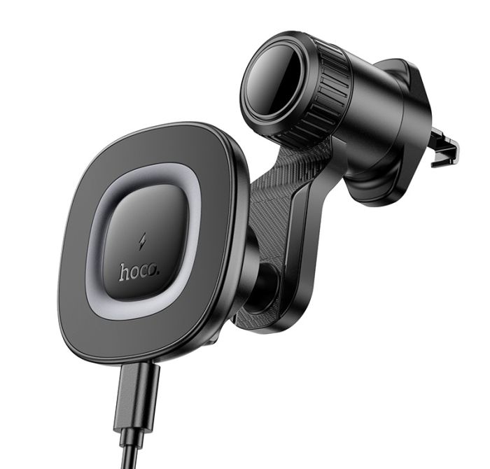 Автотримач для телефона з БЗП HOCO HW30 Crown magnetic wireless charging car holder (air outlet) Black Metal Gray (6942007646925)