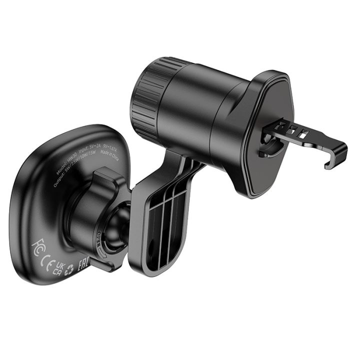 Автотримач для телефона з БЗП HOCO HW30 Crown magnetic wireless charging car holder (air outlet) Black Metal Gray (6942007646925)
