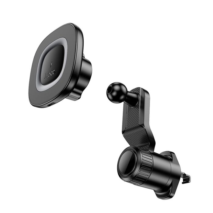 Автотримач для телефона з БЗП HOCO HW30 Crown magnetic wireless charging car holder (air outlet) Black Metal Gray (6942007646925)