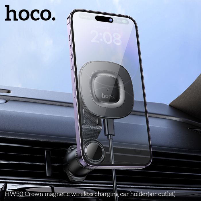 Автотримач для телефона з БЗП HOCO HW30 Crown magnetic wireless charging car holder (air outlet) Black Metal Gray (6942007646925)