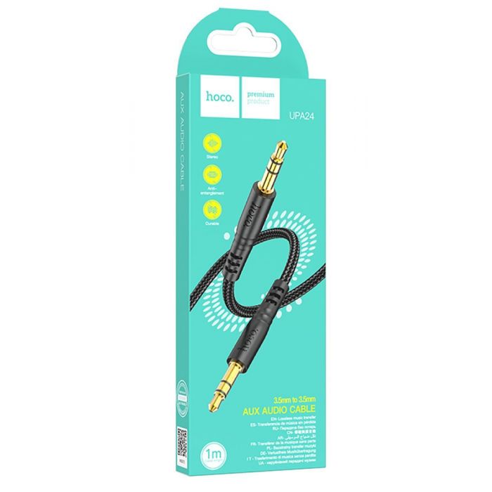 Аудіокабель HOCO UPA24 3.5mm male to 3.5mm male, nylon braid, 1m, Black (6931474789136)