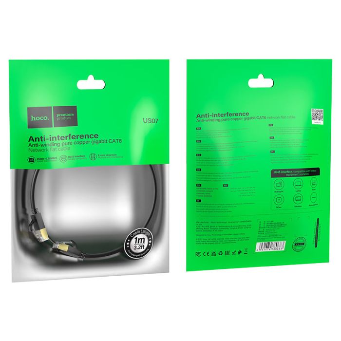 Мережевий кабель HOCO US07 General pure copper flat network cable(L=1M) Black (6931474780683)