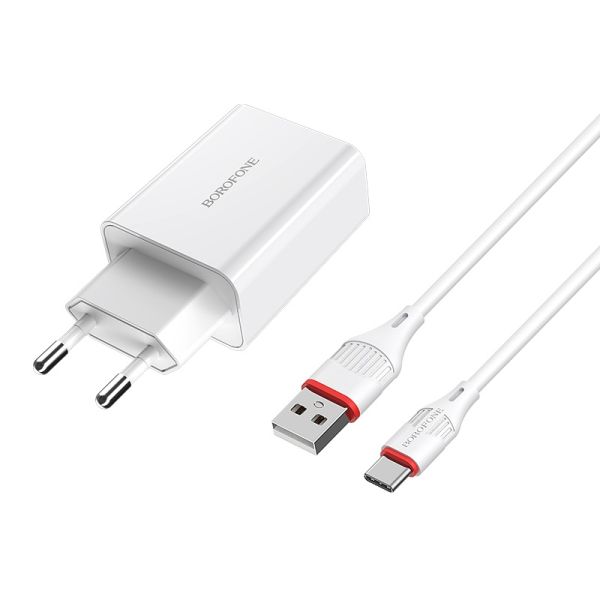 Мережевий зарядний пристрій з кабелем BOROFONE BA21A Long journey single port QC3.0 charger set(Type-C) 18W White (6931474702487)