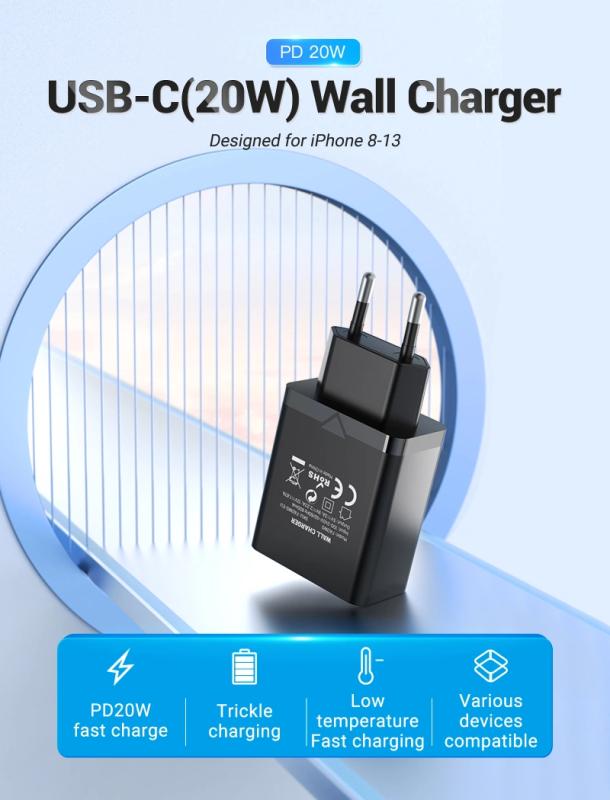 Мережевий зарядний пристрій Vention 1-port USB-C Wall Charger(20W) EU-Plug Black (FADB0-EU) (FADB0-EU)