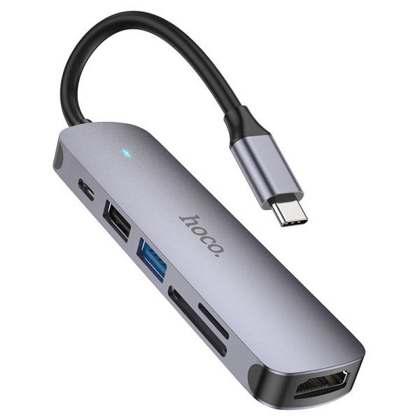 USB-хаб HOCO HB28 Type-C multi-function converter(HDTV+USB3.0+USB2.0+SD+TF+PD) Metal Gray (6931474769336)