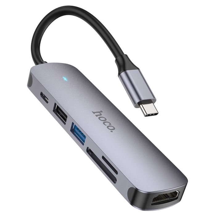 USB-хаб HOCO HB28 Type-C multi-function converter(HDTV+USB3.0+USB2.0+SD+TF+PD) Metal Gray (6931474769336)
