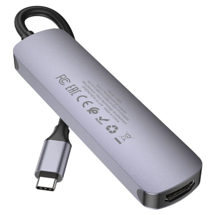 USB-хаб HOCO HB28 Type-C multi-function converter(HDTV+USB3.0+USB2.0+SD+TF+PD) Metal Gray (6931474769336)