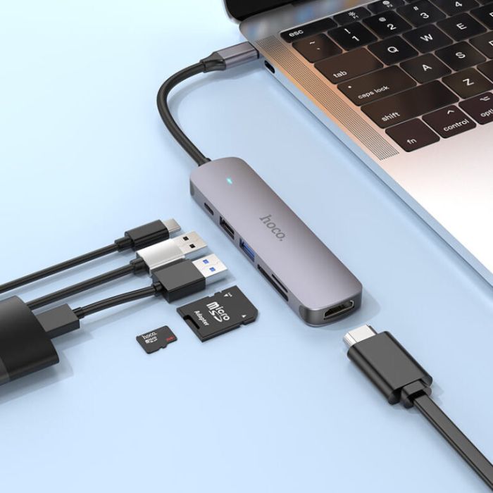 USB-хаб HOCO HB28 Type-C multi-function converter(HDTV+USB3.0+USB2.0+SD+TF+PD) Metal Gray (6931474769336)