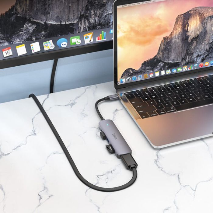 USB-хаб HOCO HB28 Type-C multi-function converter(HDTV+USB3.0+USB2.0+SD+TF+PD) Metal Gray (6931474769336)