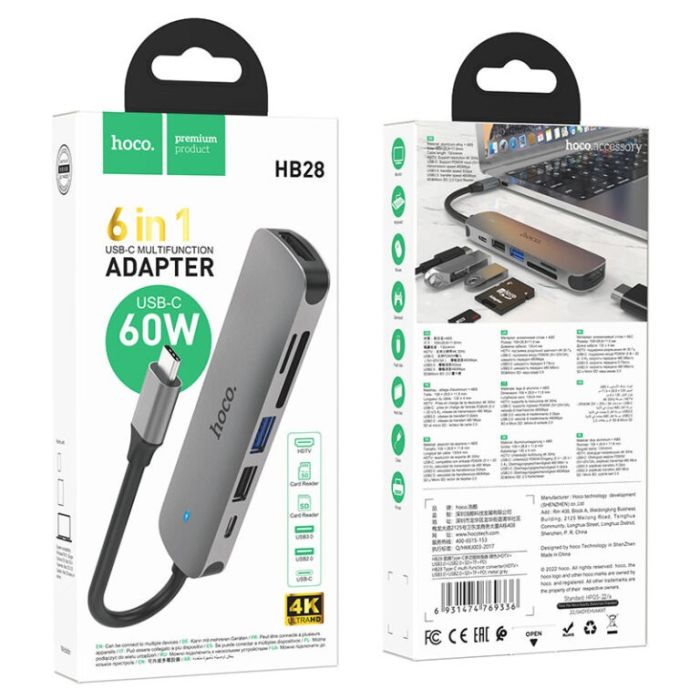 USB-хаб HOCO HB28 Type-C multi-function converter(HDTV+USB3.0+USB2.0+SD+TF+PD) Metal Gray (6931474769336)