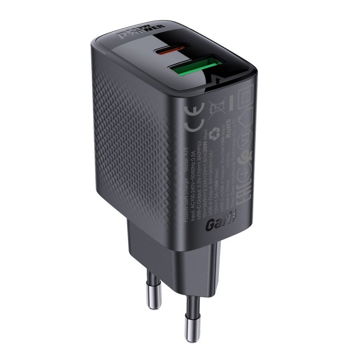 Мережевий зарядний пристрій ACEFAST A78 PD20W GaN (USB-A+USB-C) charger Black (6974316283256)