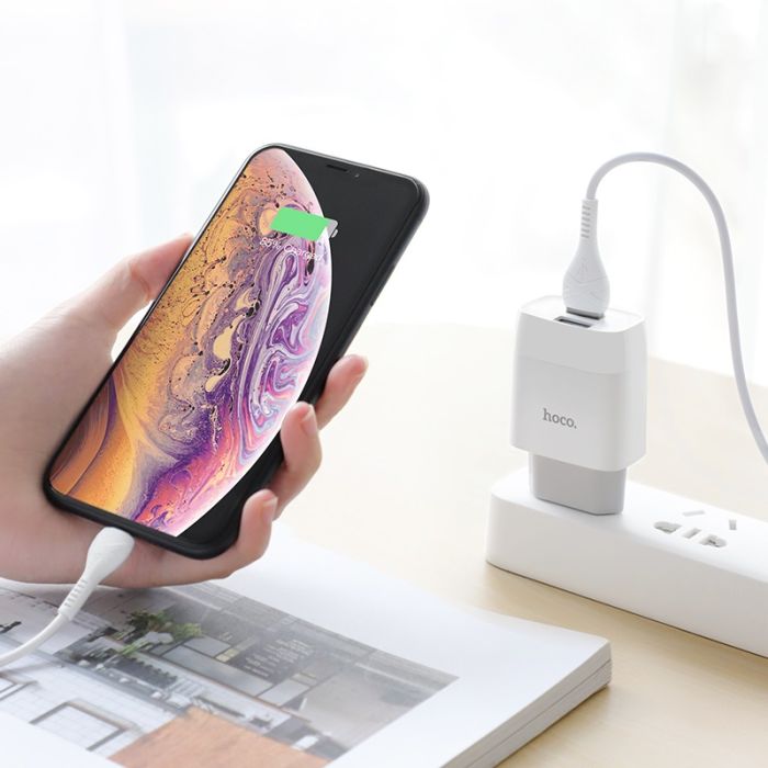 Мережевий зарядний пристрій з кабелем HOCO C73A Glorious dual port charger set (iP)(EU) White (6931474713056)