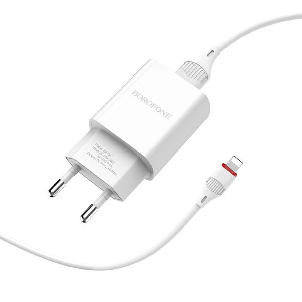Мережевий зарядний пристрій з кабелем BOROFONE BA20A Sharp single port charger set(Lightning) 10.5W White (6931474700728)