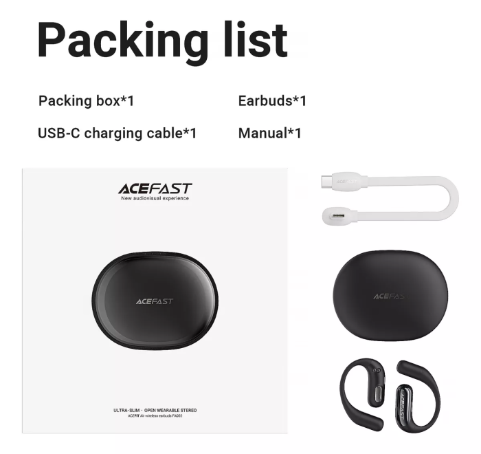 Бездротові навушники TWS ACEFAST FA002 ACEFIT Air wireless earbuds, ENC, IP54, Black (6974316283621)