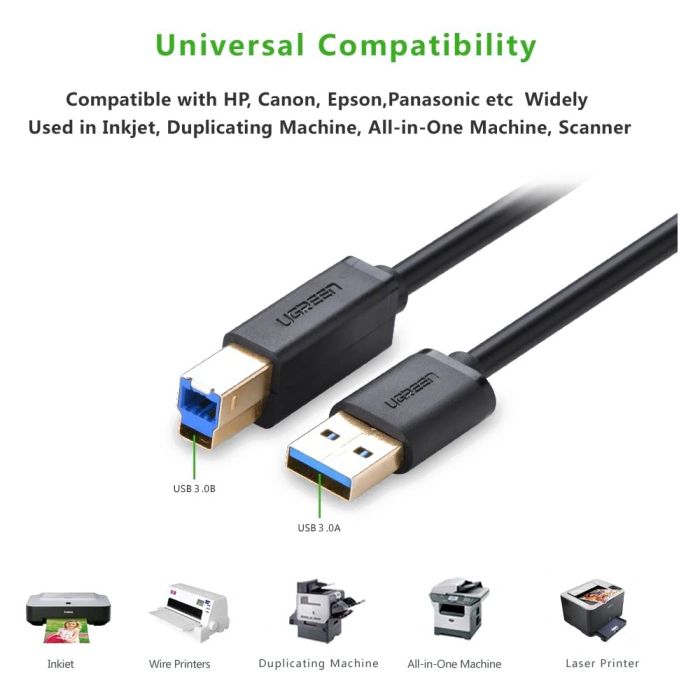 Кабель UGREEN US210 USB 3.0 AM to BM Print Cable 2m (Black）(UGR-10372) (UGR-10372)