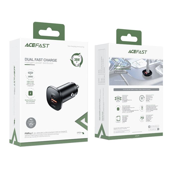 Автомобільний зарядний пристрій ACEFAST B1 mini 38W(USB-C+USB-A) dual-port metal car charger (6974316280330)
