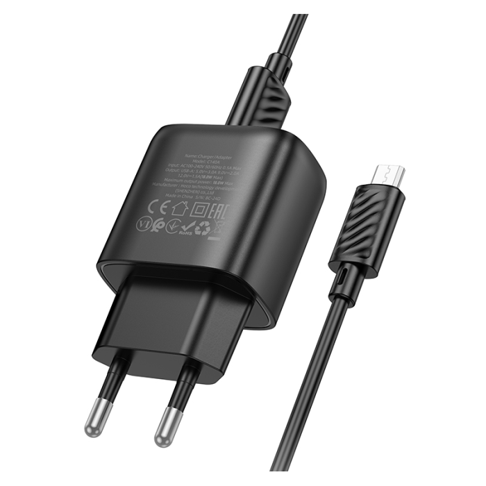 Мережевий зарядний пристрій з кабелем HOCO C140A Smart single port QC3.0 charger set(Micro)(EU) Black (6942007627801)
