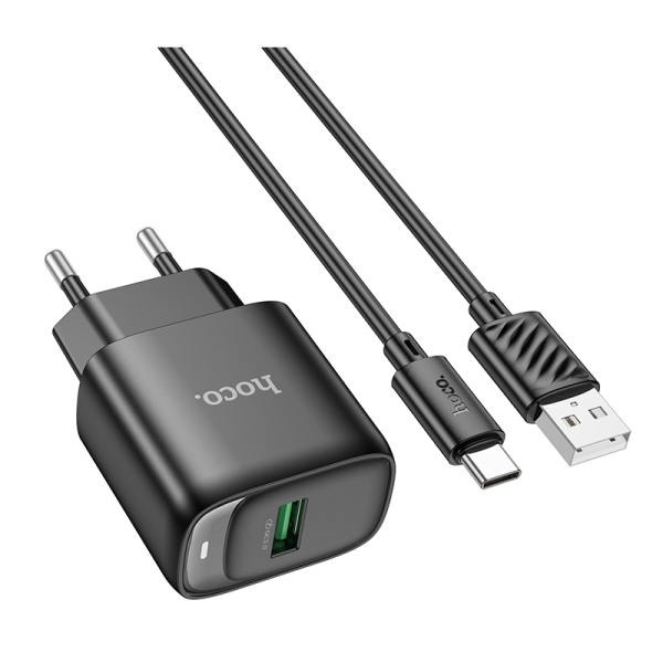 Мережевий зарядний пристрій з кабелем HOCO C140A Smart single port QC3.0 charger set(Type-C)(EU) Black (6942007627825)