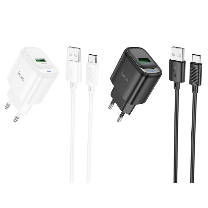 Мережевий зарядний пристрій з кабелем HOCO C140A Smart single port QC3.0 charger set(Type-C)(EU) Black (6942007627825)