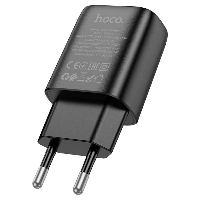 Мережевий зарядний пристрій HOCO C134A Solid single port charger (EU) Black (6942007621298)