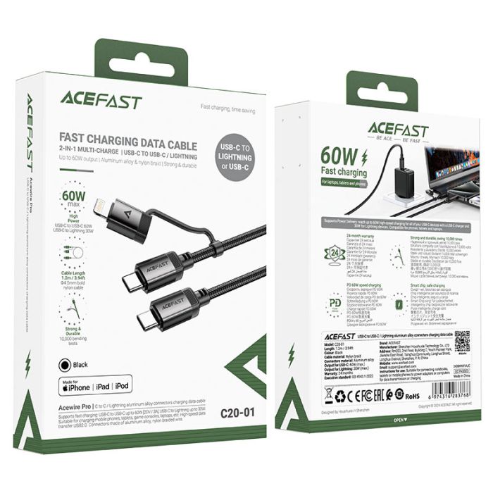 Кабель ACEFAST C20-01 USB-C to USB-C / Lightning aluminum alloy connectors charging data cable Black (6974316283768)