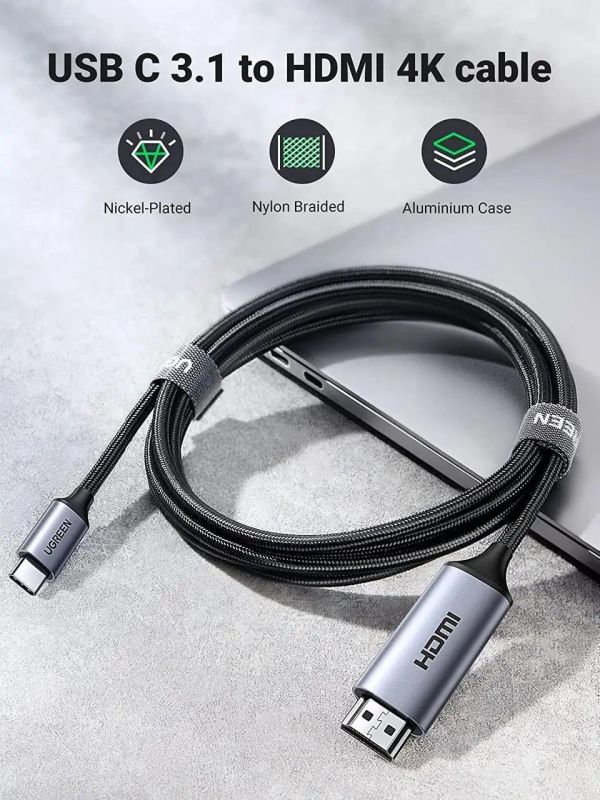 Кабель UGREEN MM142 USB-C to HDMI Male to Male Cable Aluminum Shell 1.5m (Gray Black)(UGR-50570) (UGR-50570)