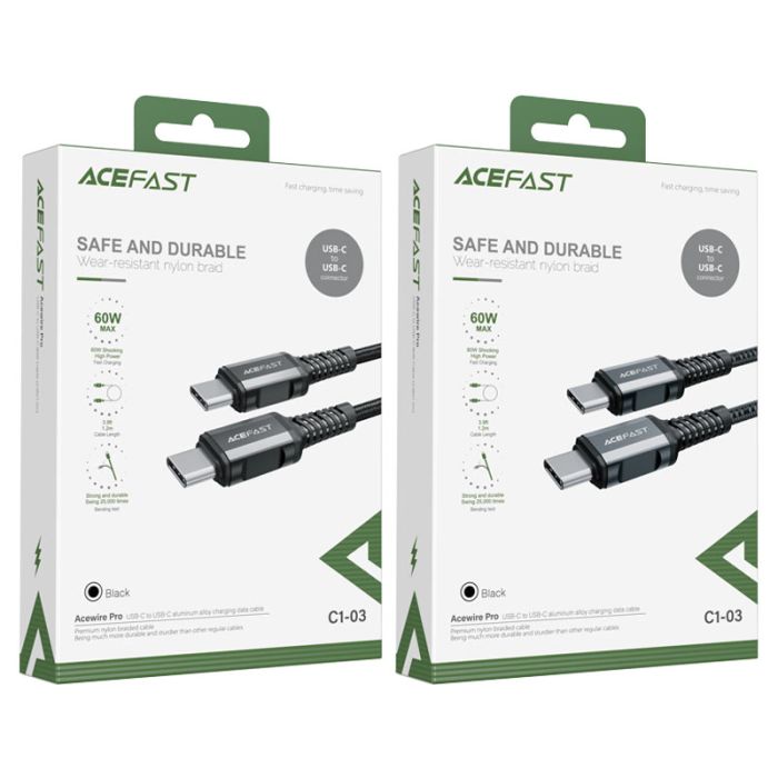 Кабель ACEFAST C1-03 Type-C to Type-C 3A, 1.2m, nylon, aluminum connectors, Black (6974316280521)