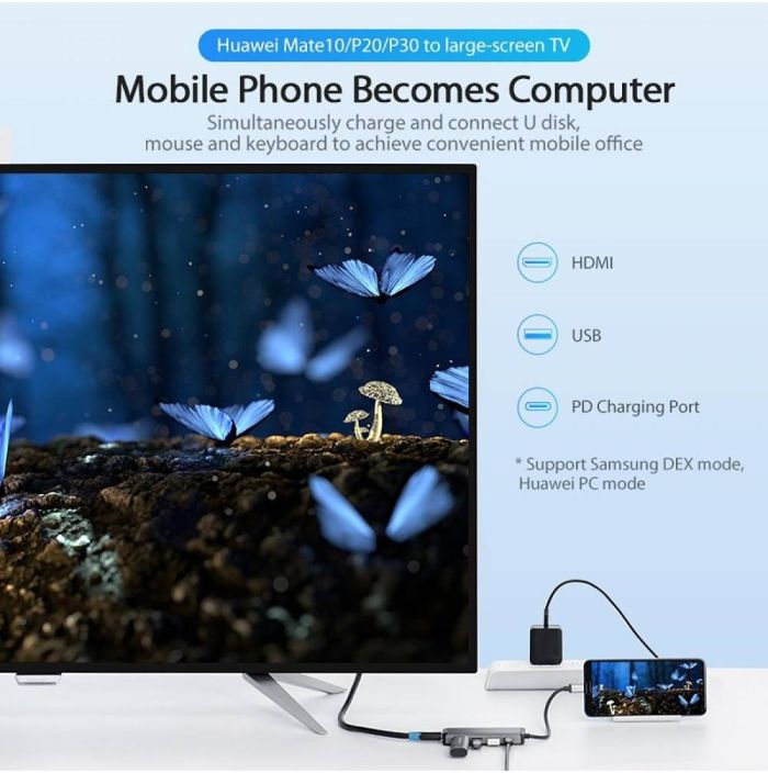 USB-хаб Vention Type-C to HDMI/USB3.0*3/PD Converter 0.15M Gray Metal Type (CNBHB) (CNBHB)