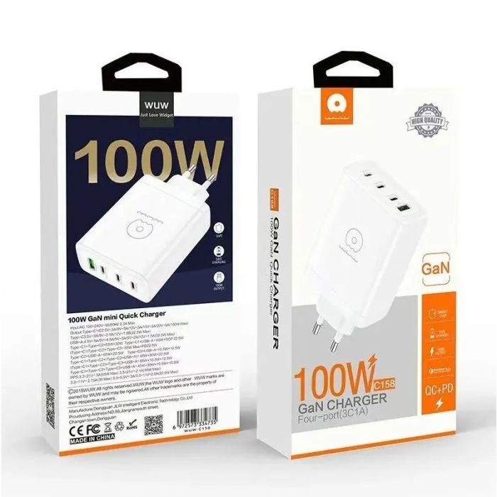 Мережевий зарядний пристрій WUW-C158 1USB 3Type-C + USB A PD100W white (WUW-C158)