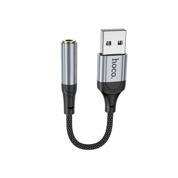 Аудiокабель HOCO LS36 USB-A  to 3.5 female, nylon braid,  0.12m, Black (6942007608879)