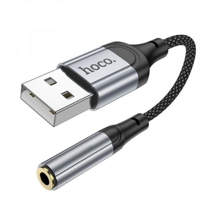Аудiокабель HOCO LS36 USB-A  to 3.5 female, nylon braid,  0.12m, Black (6942007608879)