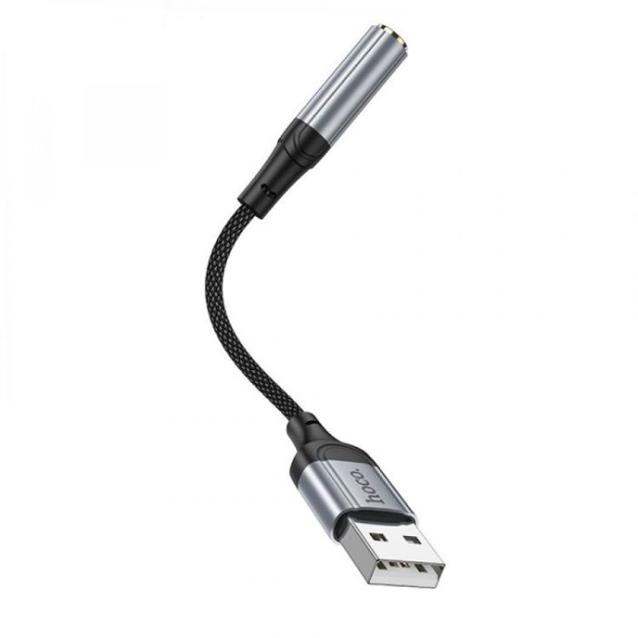 Аудiокабель HOCO LS36 USB-A  to 3.5 female, nylon braid,  0.12m, Black (6942007608879)