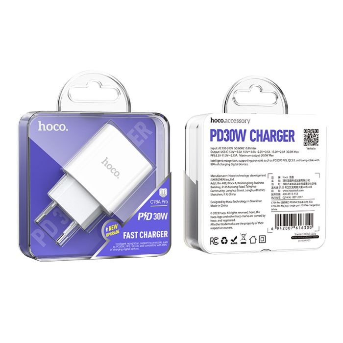 Мережевий зарядний пристрій HOCO C76A Pro Majestic single port PD30W charger White (6942007616300)
