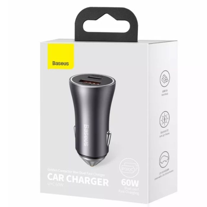 Автомобільний зарядний пристрій Baseus Golden Contactor Max Dual Fast Charger Car Charger U+C 60W Dark Gray (CGJM000113)