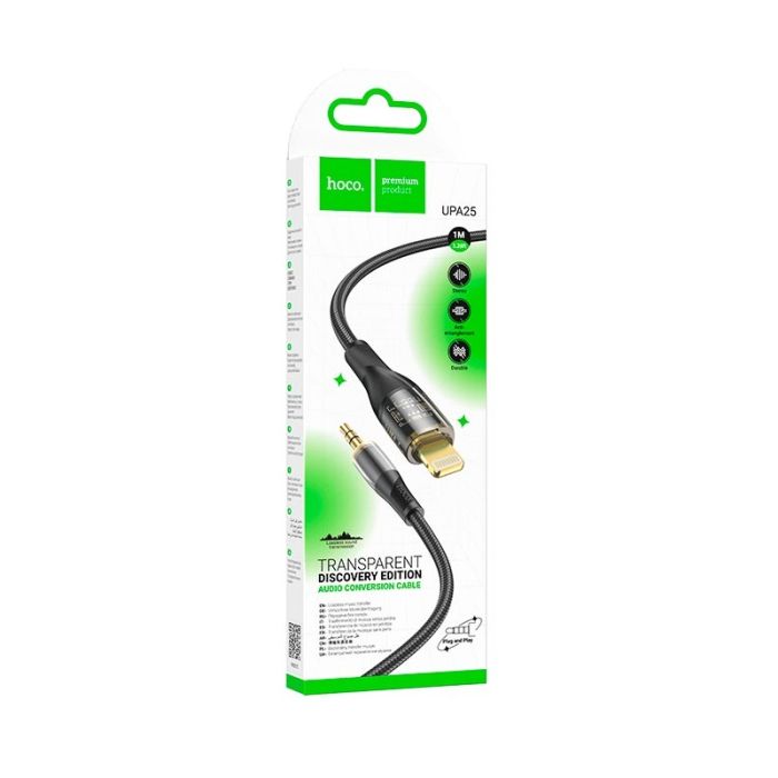 Аудіокабель HOCO UPA25 iP to 3.5mm male, nylon braid, 1m, Black (6931474791153)