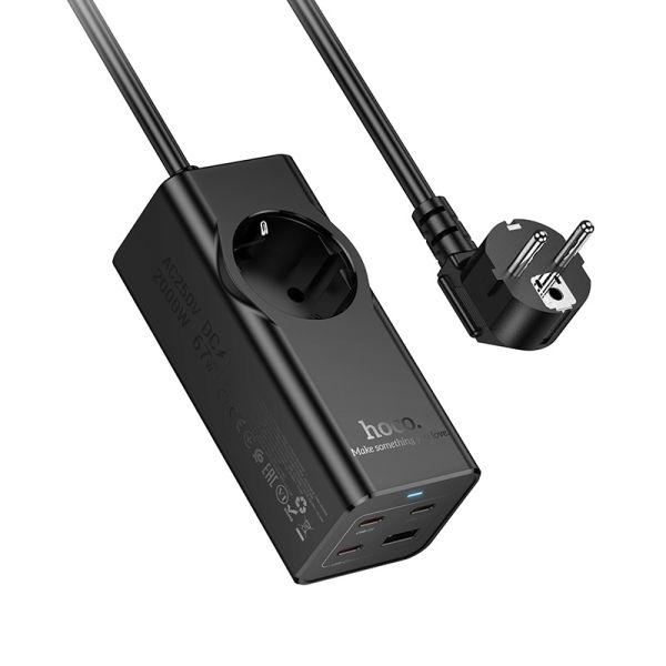 Мережевий подовжувач HOCO NS9 Wisdom 1-position (PD67W/3C1A) desktop socket (EU/GER) Black (6942007638494)