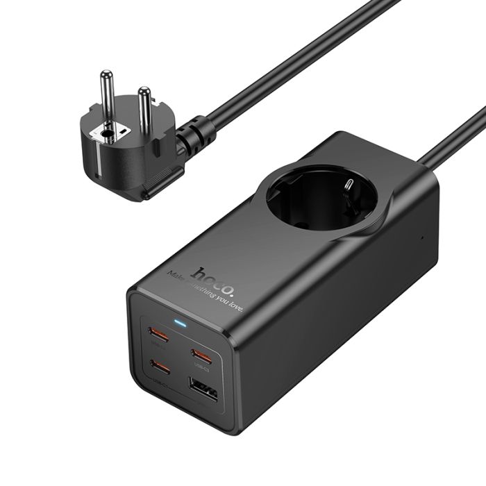 Мережевий подовжувач HOCO NS9 Wisdom 1-position (PD67W/3C1A) desktop socket (EU/GER) Black (6942007638494)