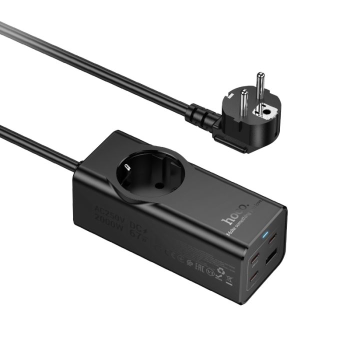 Мережевий подовжувач HOCO NS9 Wisdom 1-position (PD67W/3C1A) desktop socket (EU/GER) Black (6942007638494)