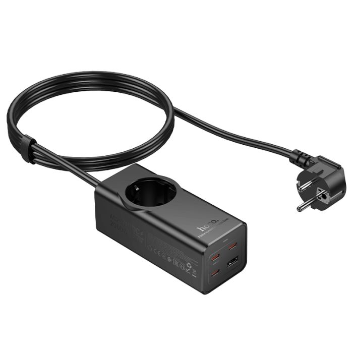 Мережевий подовжувач HOCO NS9 Wisdom 1-position (PD67W/3C1A) desktop socket (EU/GER) Black (6942007638494)
