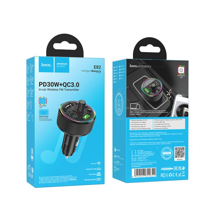 АЗП з FM-модулятором HOCO E82 Guerrero PD30W+QC3.0 car BT FM transmitter Black (6942007620642)