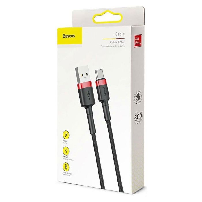 Кабель Baseus Cafule Cable USB For Type-C 2A 3m Red+Black (CATKLF-U91)