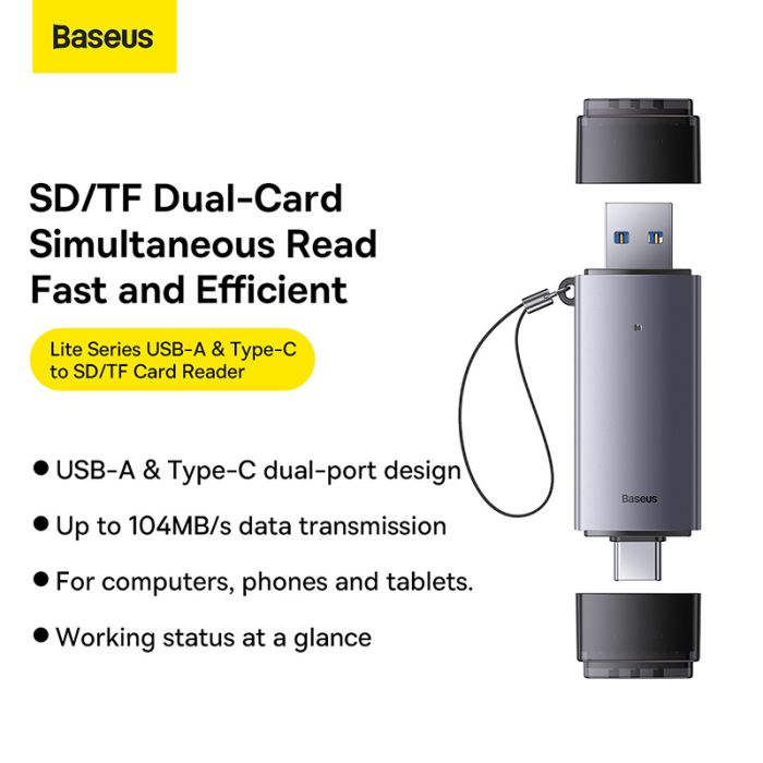 Кардрідер Baseus Lite Series USB-A & Type-C  to SD/TF Card Reader  Grey (WKQX060113)