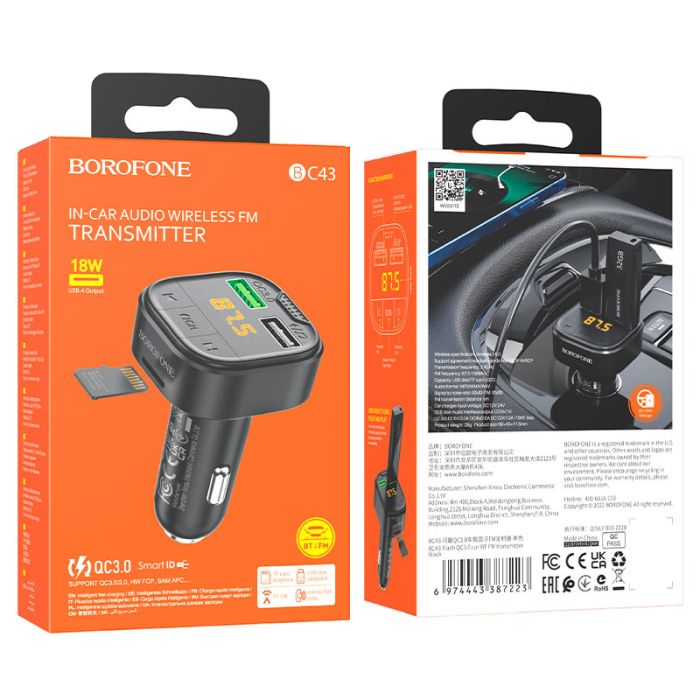 АЗП з FM-модулятором BOROFONE BC43 Flash QC3.0 car BT FM transmitter 18W Black (6974443387223)