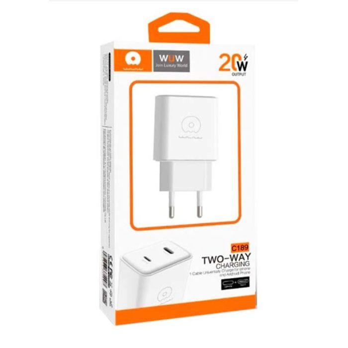 Мережевий зарядний пристрій WUW-C189 PD 20W Charger USB C + USB C white (C189)