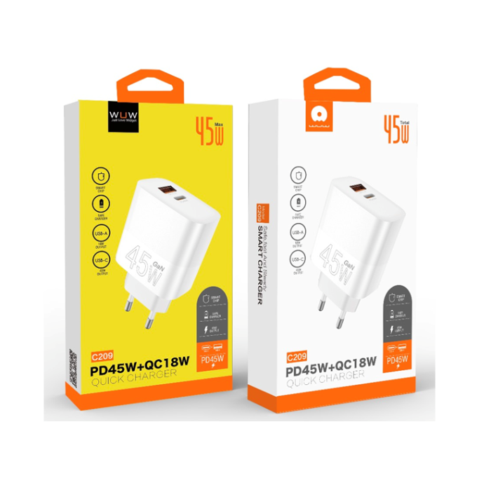 Мережевий зарядний пристрій WUW-C209 45W PD USB-C + USB QC3.0 18W white (WUW-C209)