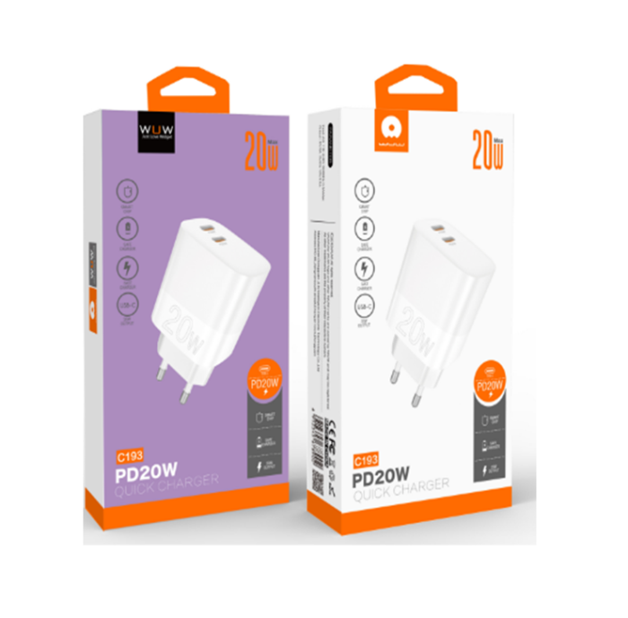 Мережевий зарядний пристрій WUW-C193 PD20W Charger USB C + USB C white (6972573336616)