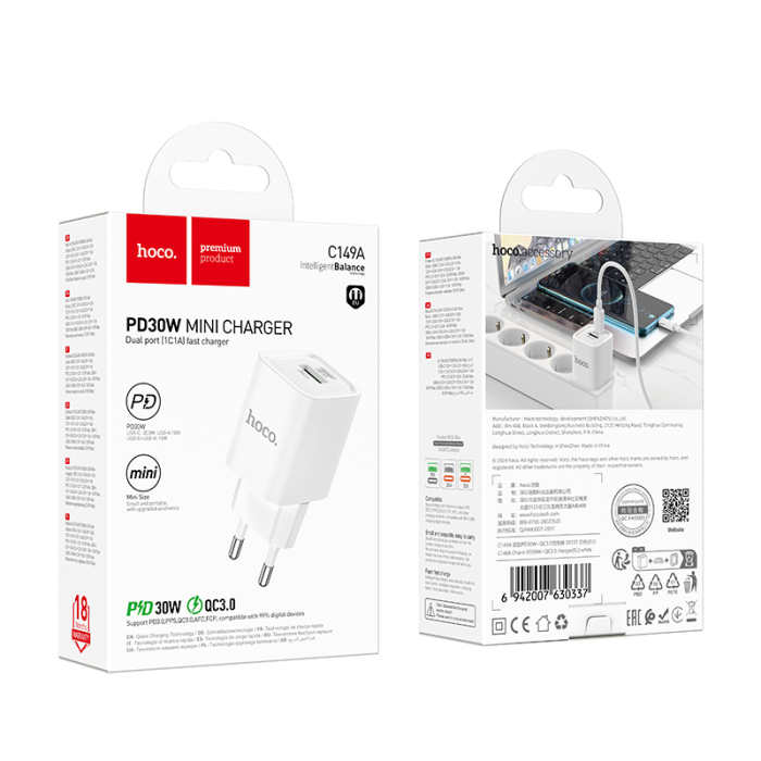 Мережевий зарядний пристрій HOCO C149A Charm PD30W+QC3.0 charger (EU) White (6942007630337)