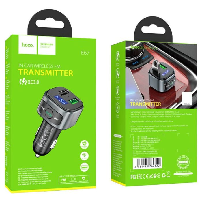 АЗП з FM-модулятором HOCO E67 Fighter QC3.0 18W car BT FM transmitter Black (6931474762122)
