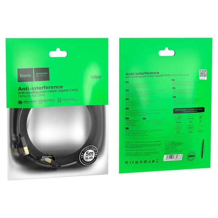 Мережевий кабель HOCO US07 General pure copper flat network cable(L=5M) Black (6931474780706)